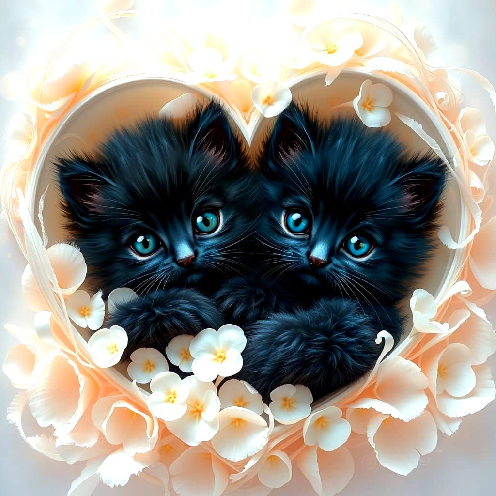 Adorable Black and Blue Kitten Duo in a Floral Heart
