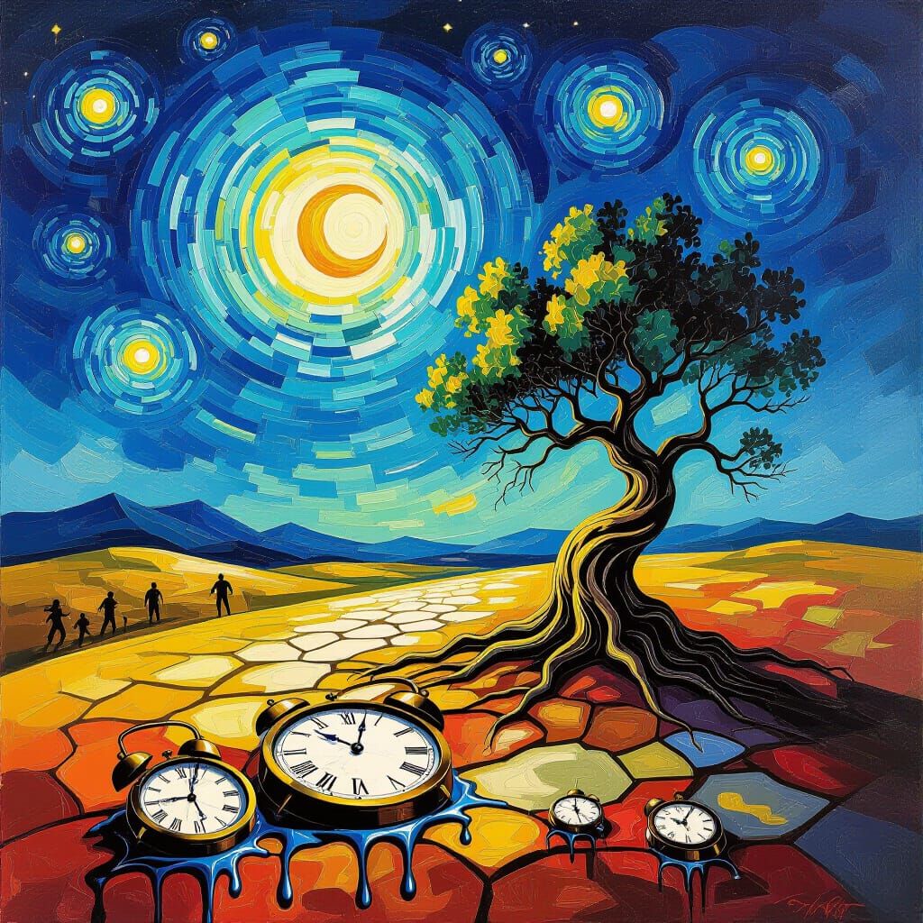 Surreal Desolate Landscape with Gnarled Tree and Melting Clo...