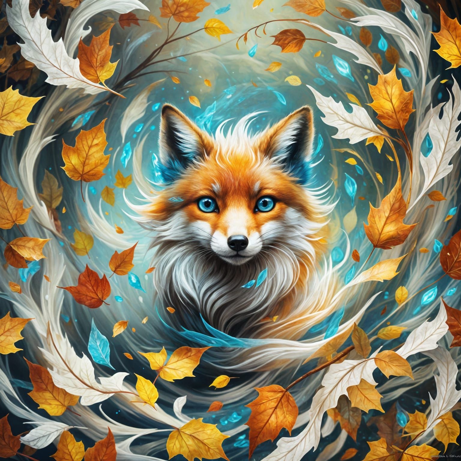 Bioluminescent Fox in Autumn Whirlwind, Oil Painting