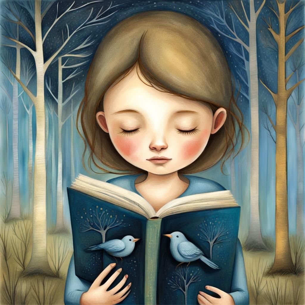 Enchanting Girl Reading Book in Forest Illustration