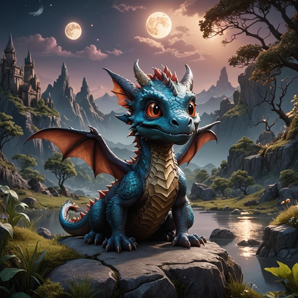 Cute Baby Dragon with Full Moon Landscape