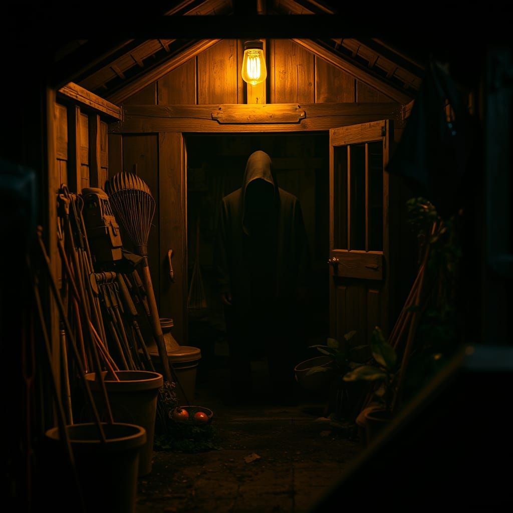 Eerie Figure in Garden Shed, Cinematic Film Still