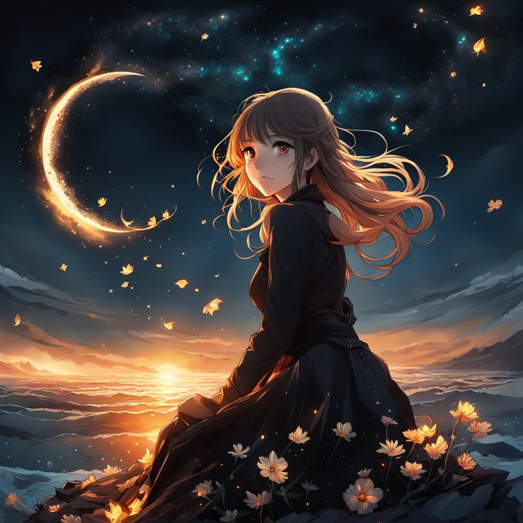 Noir Anime Girl Gazing at Exploding Starry Sky