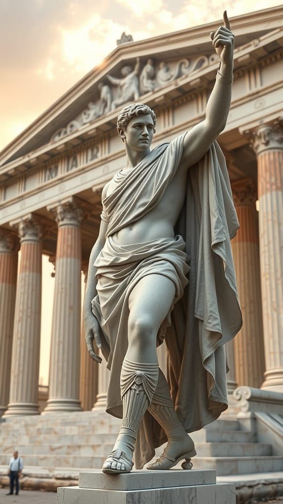 Classical Roman Statue in Marmol with Temple Background