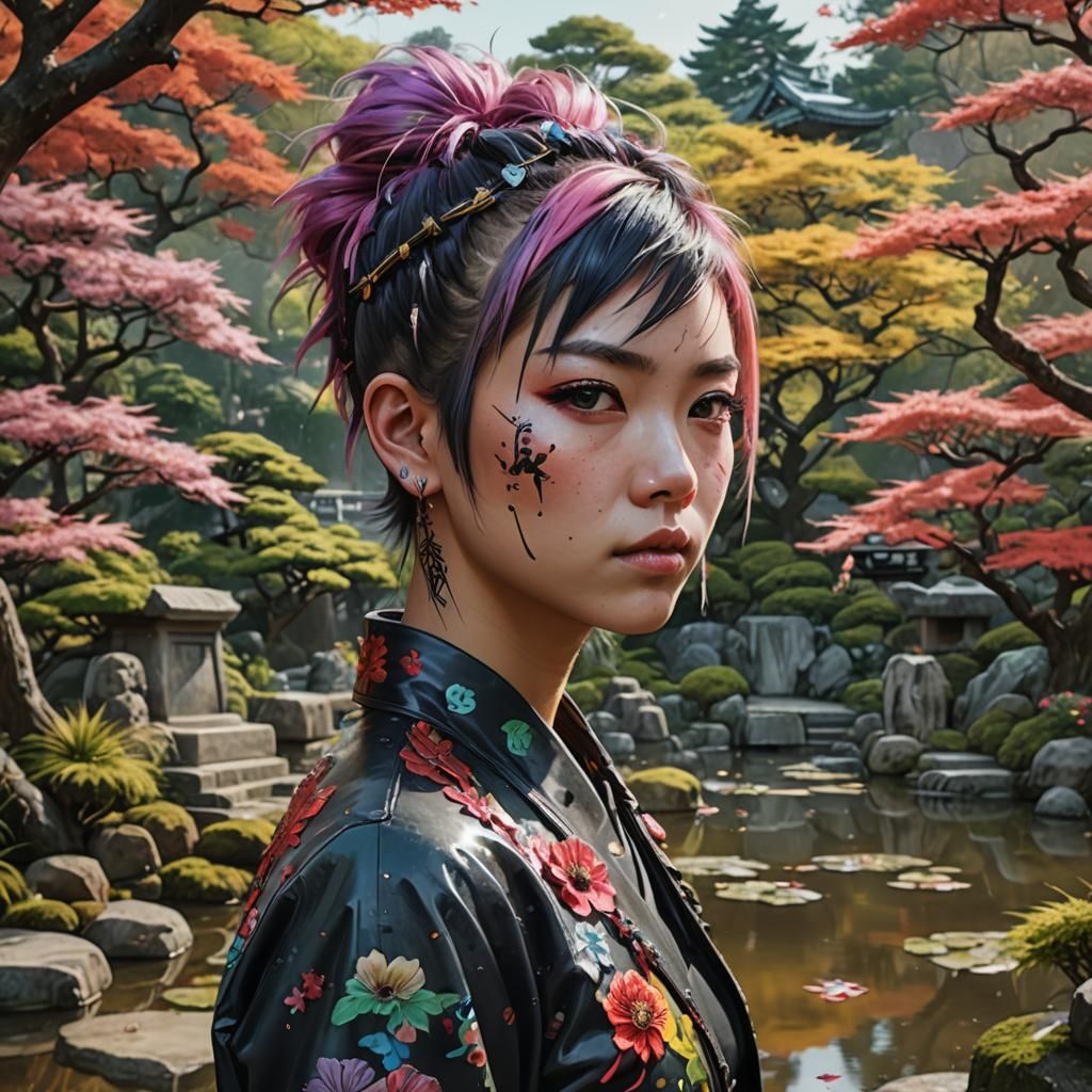 Punk Woman in Japanese Garden: Hyperrealistic Splash Art