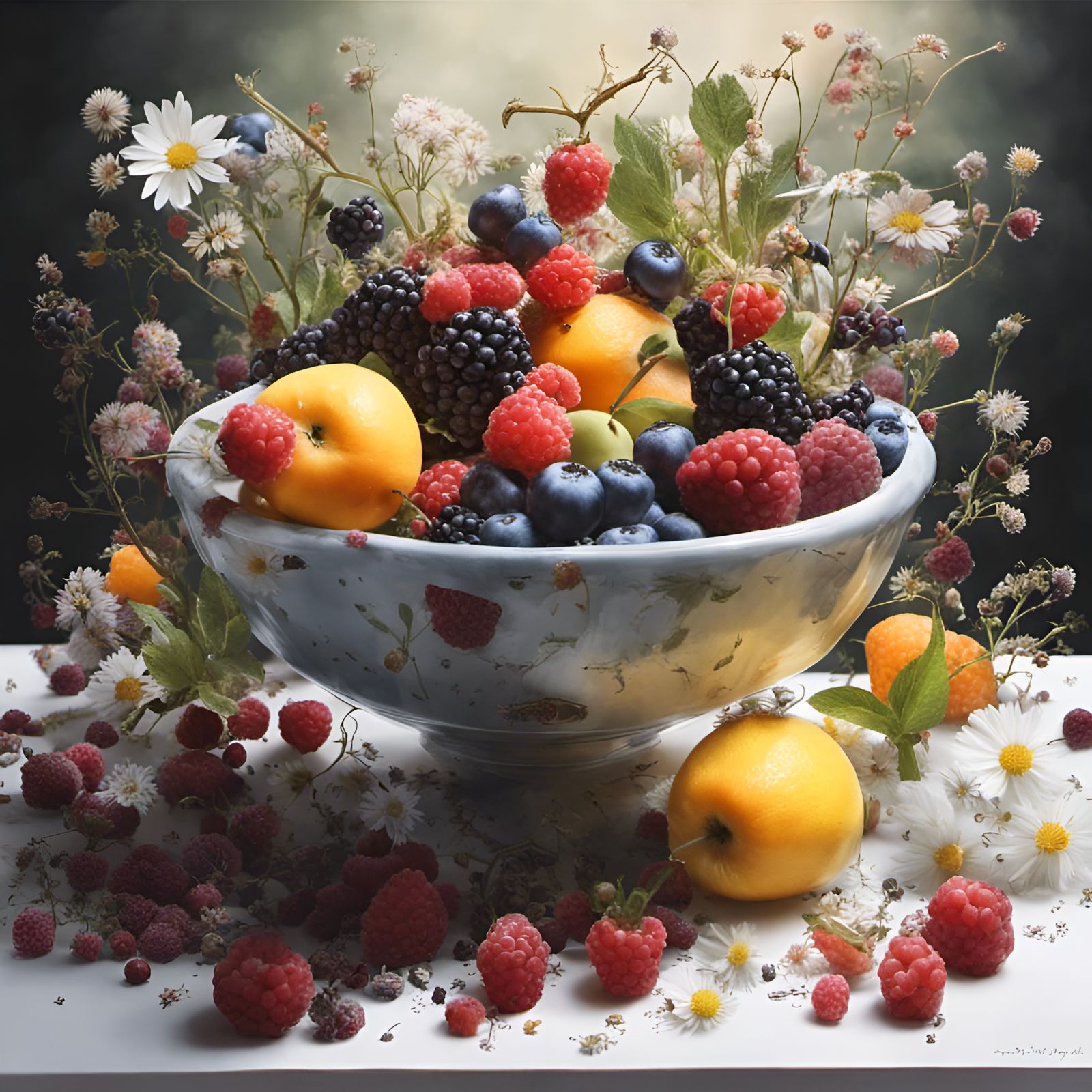 Hyperrealistic Fruit Bowl with Berries and Wildflowers