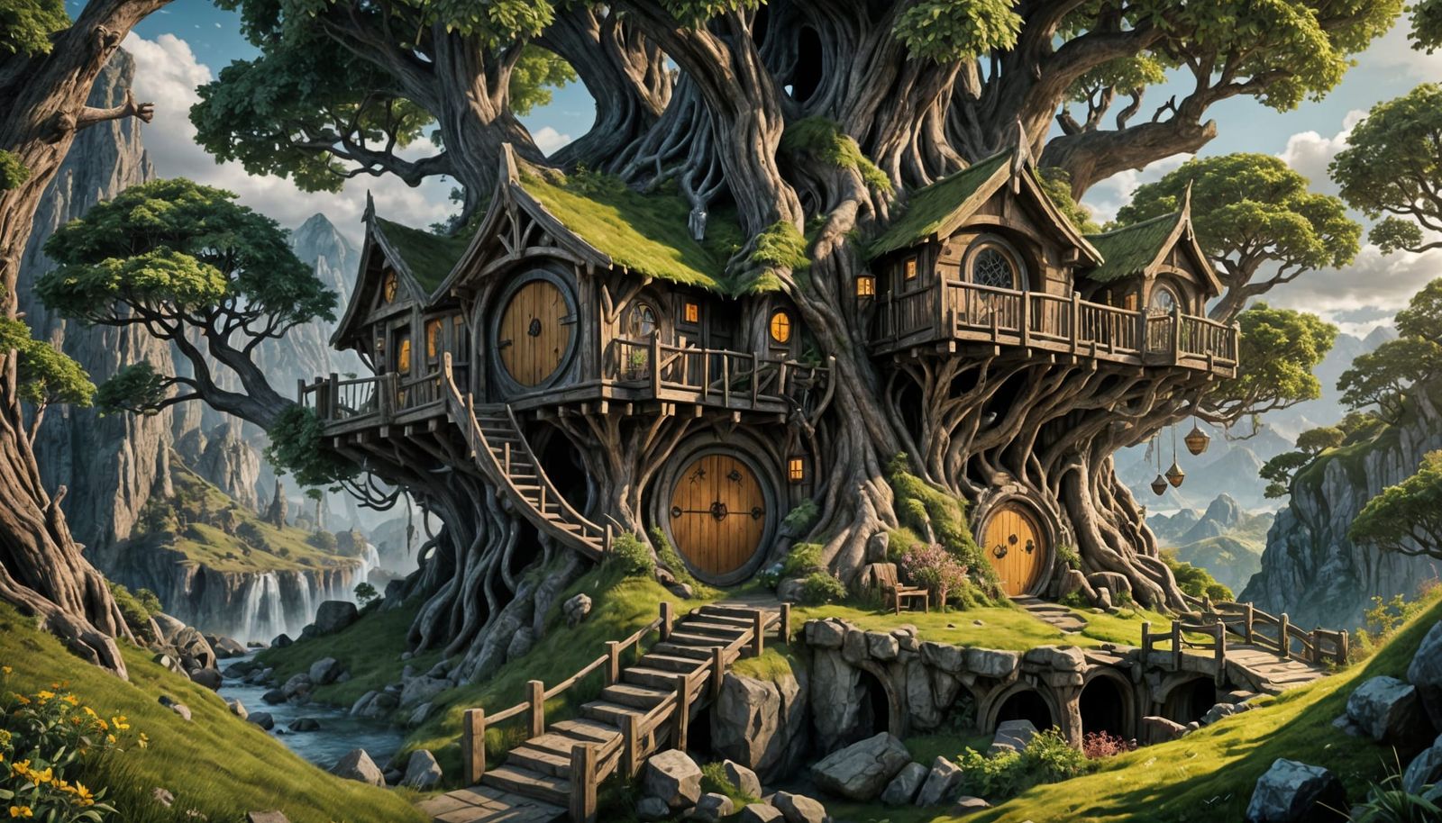 Fantastical Hobbit Treehouse Concept Art in 8K