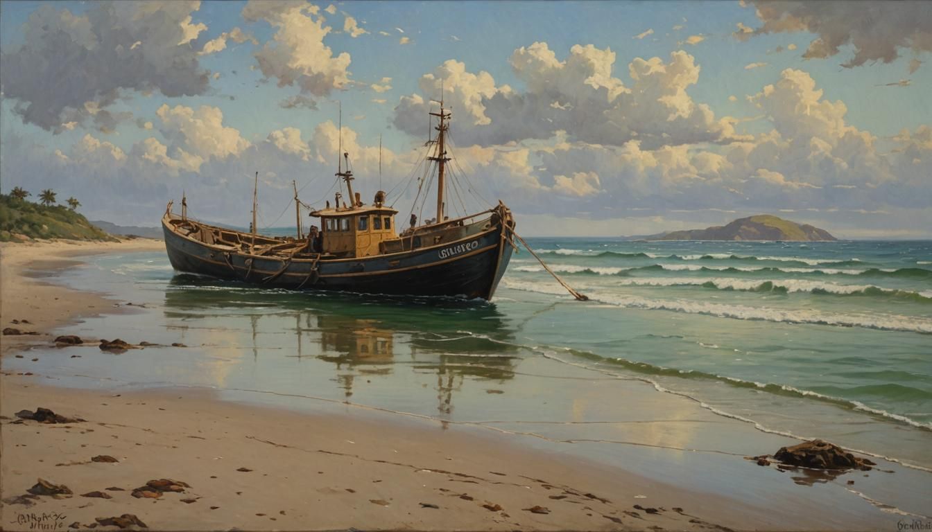 Fisherman's Boat Returns: An Oil Painting