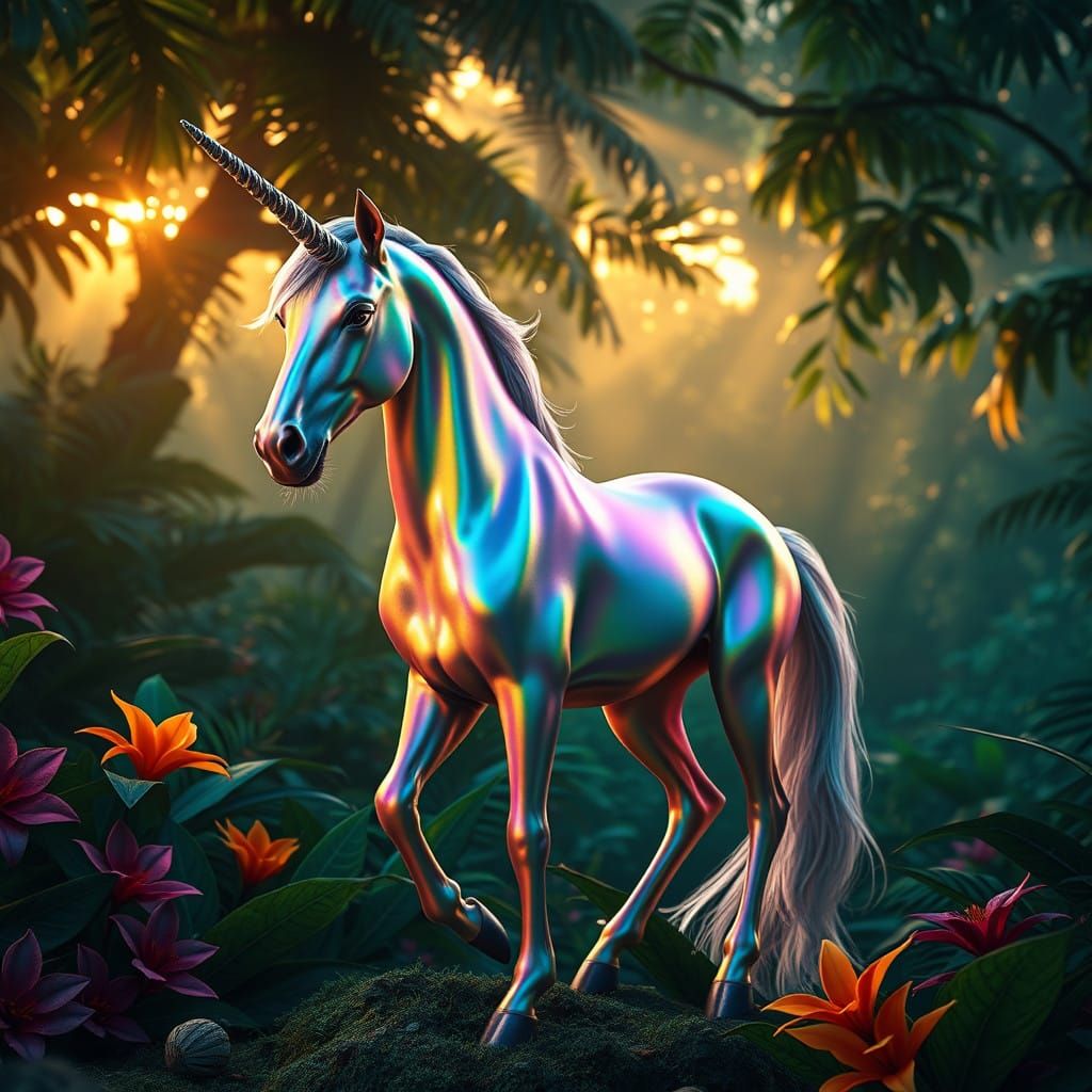 Surreal Jungle Unicorn in Iridescent Splendor
