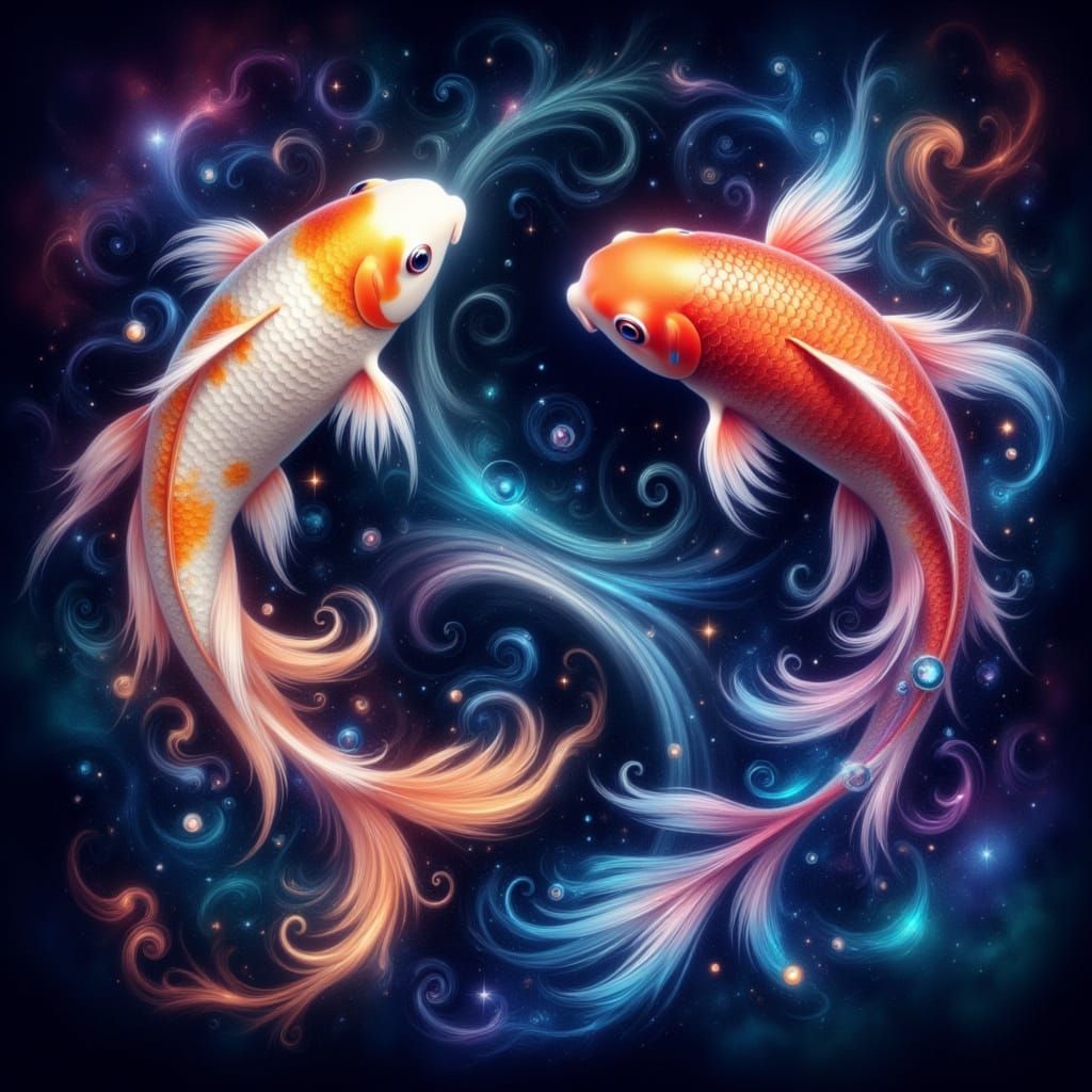 Harmonious Yin Yang Symbol in Iridescent Koi Fishes Airbrush...
