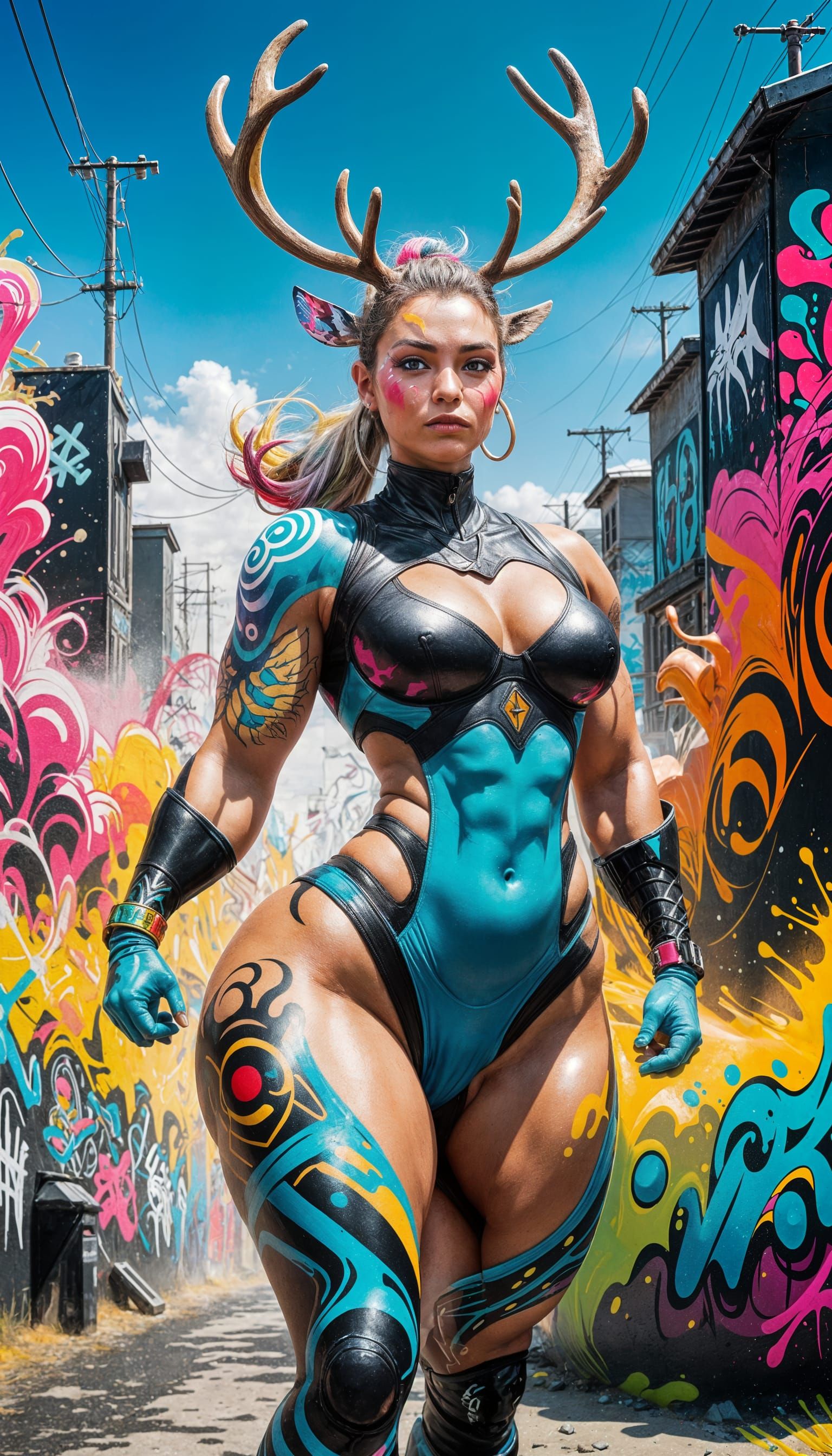 Battle-Ready Reindeer Humanoid in Graffiti Street Art