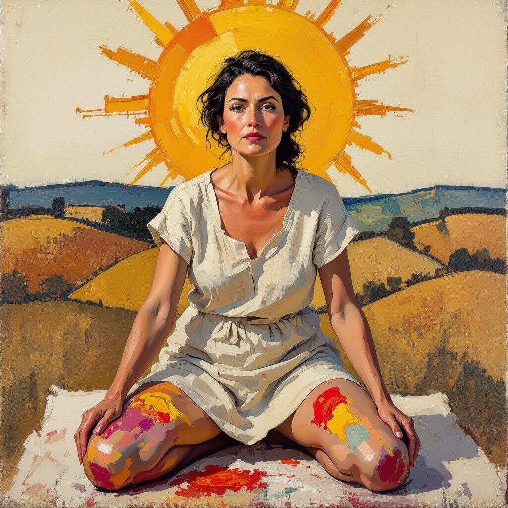 Woman Creates Sunburst Impression on Canvas