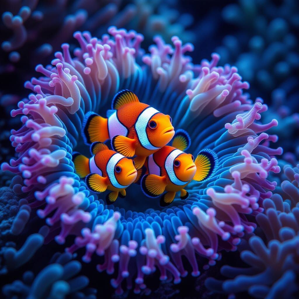 Bioluminescent Clownfish Family in Sea Anemone Home