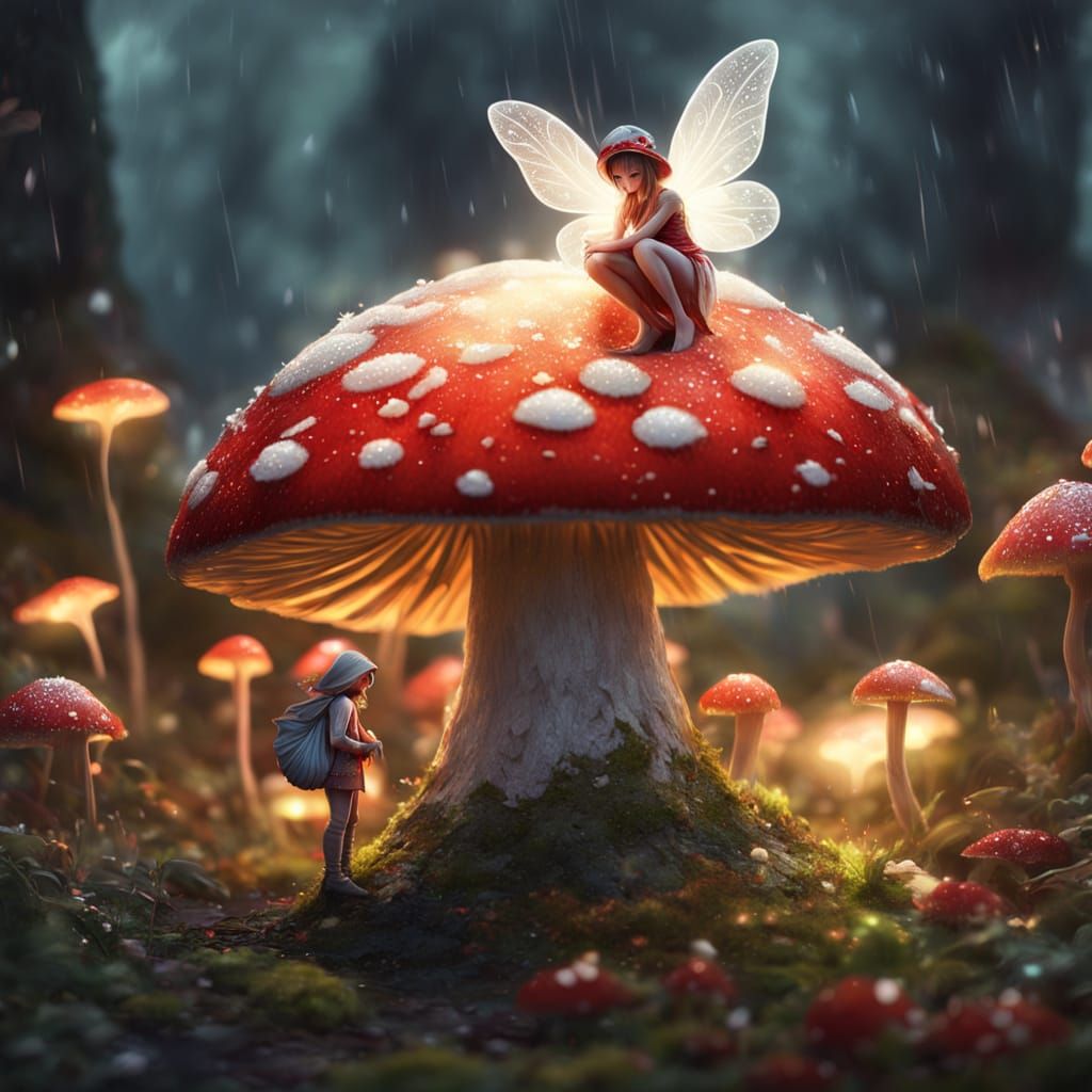 Whimsical Mushroom Scene in Vibrant Digital Painting