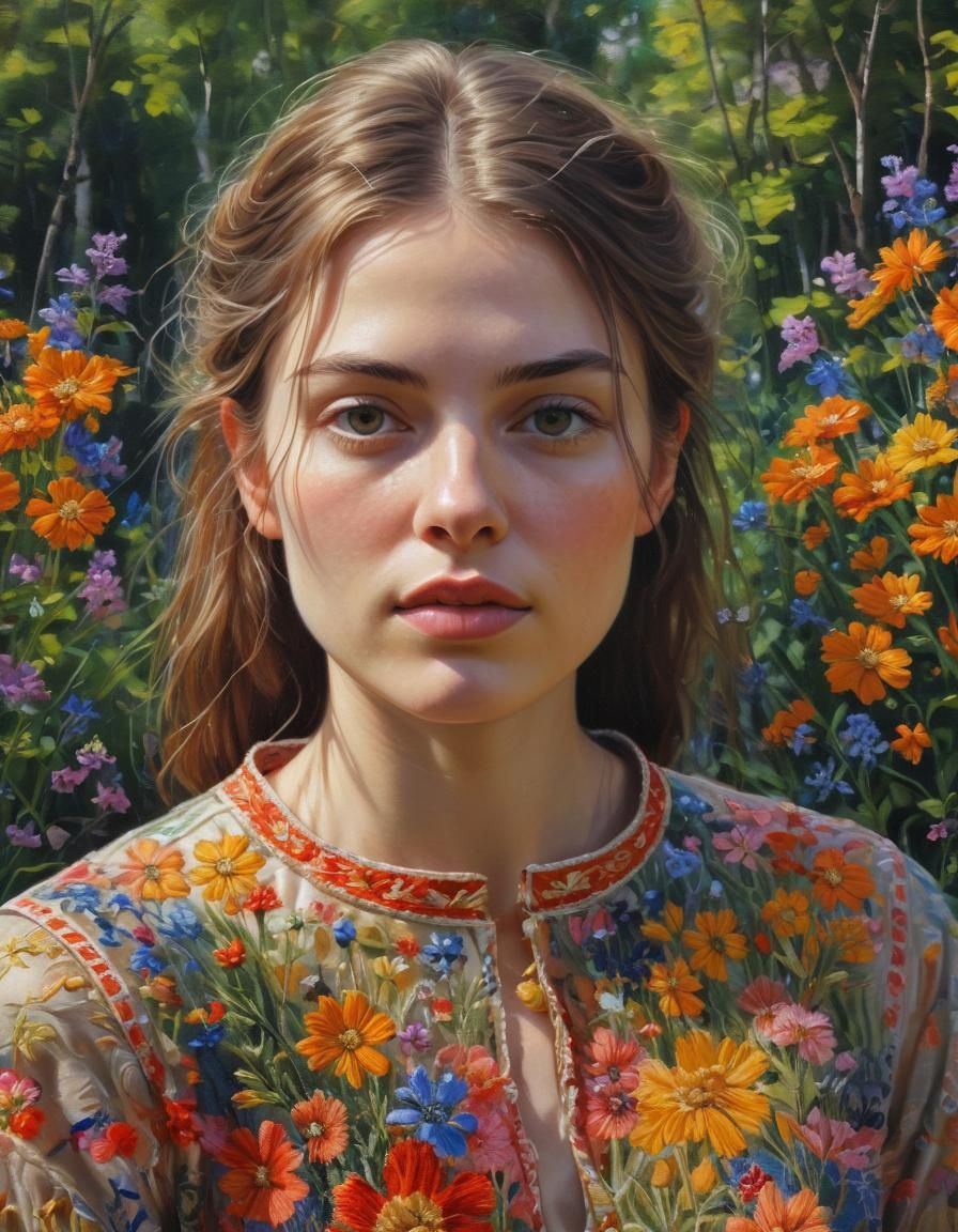 Fauvist Portrait of Woman in Wildflower Meadow