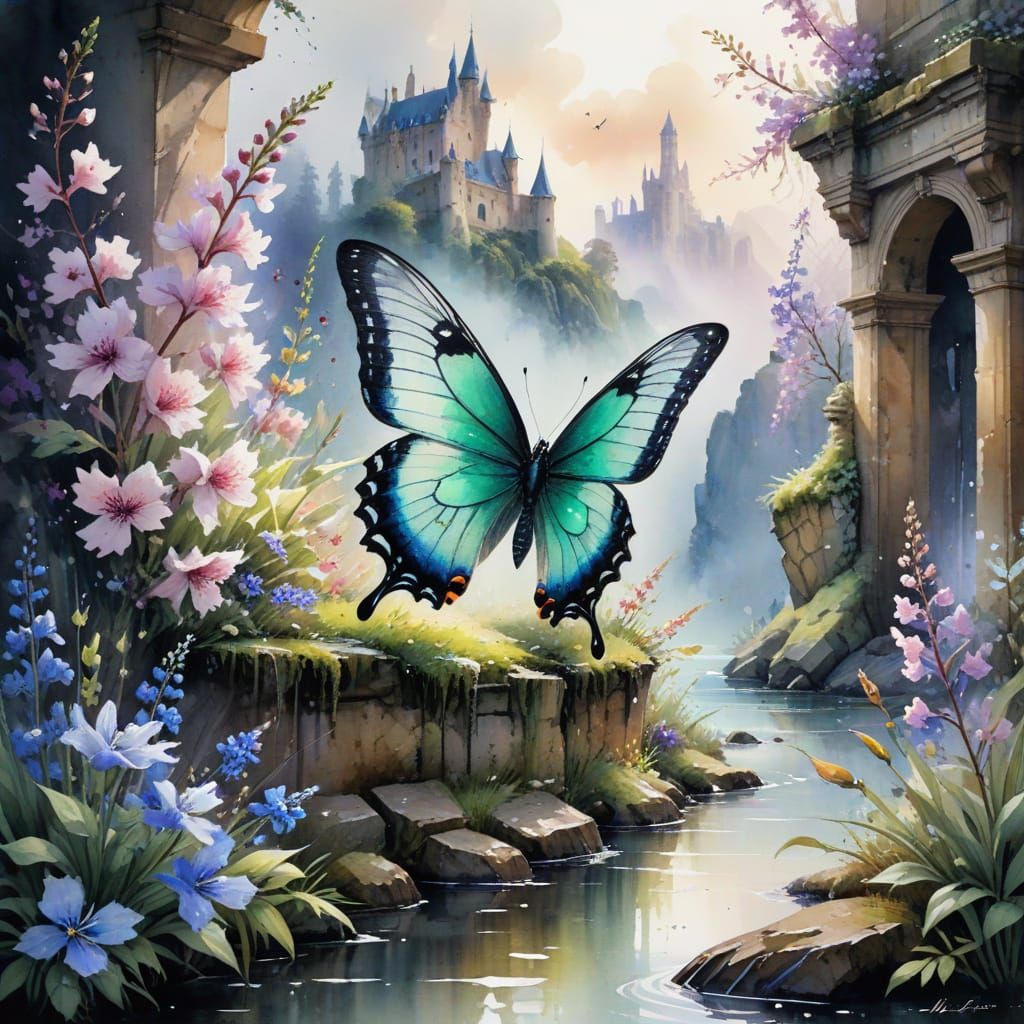Emerald Swallowtail Butterfly and Castle Ruins, Watercolor