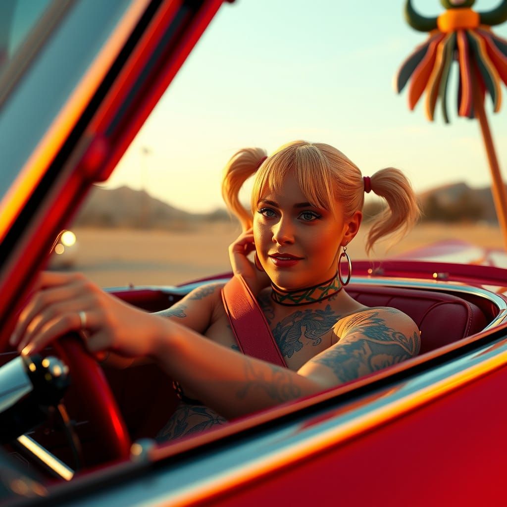 Supermodel's Desert Drive in Cyberpunk Comic Style