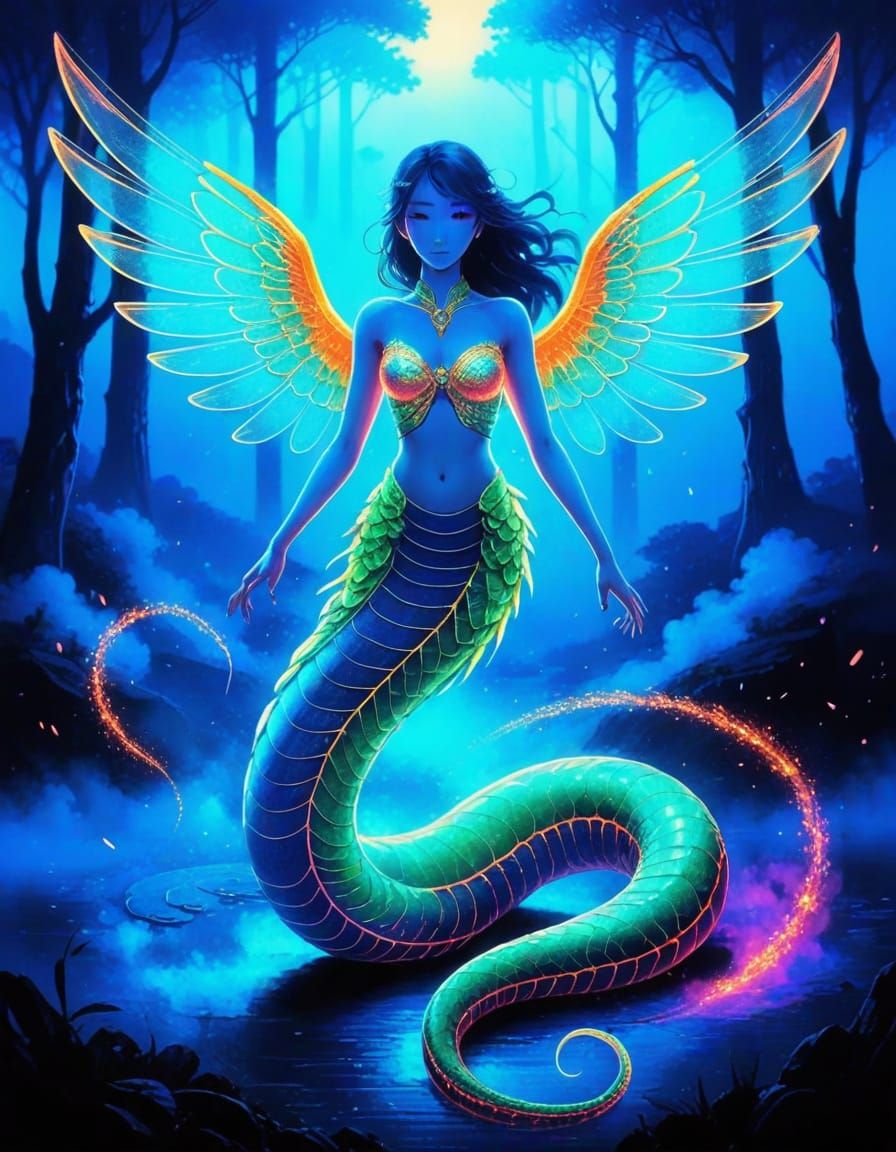Serpent Woman Hybrid in Neon Fantasy Forest