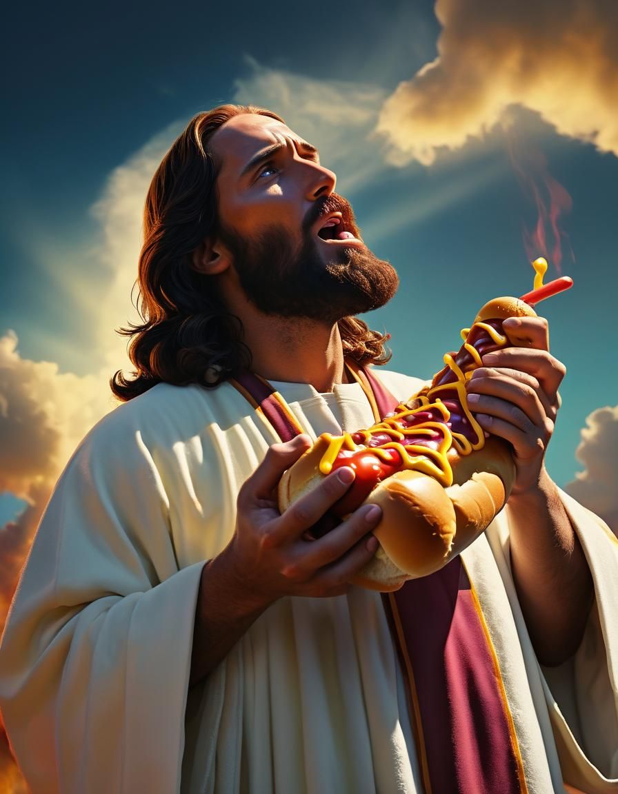 Jesus Christ Eats Hot Dog: Baroque Oil Painting