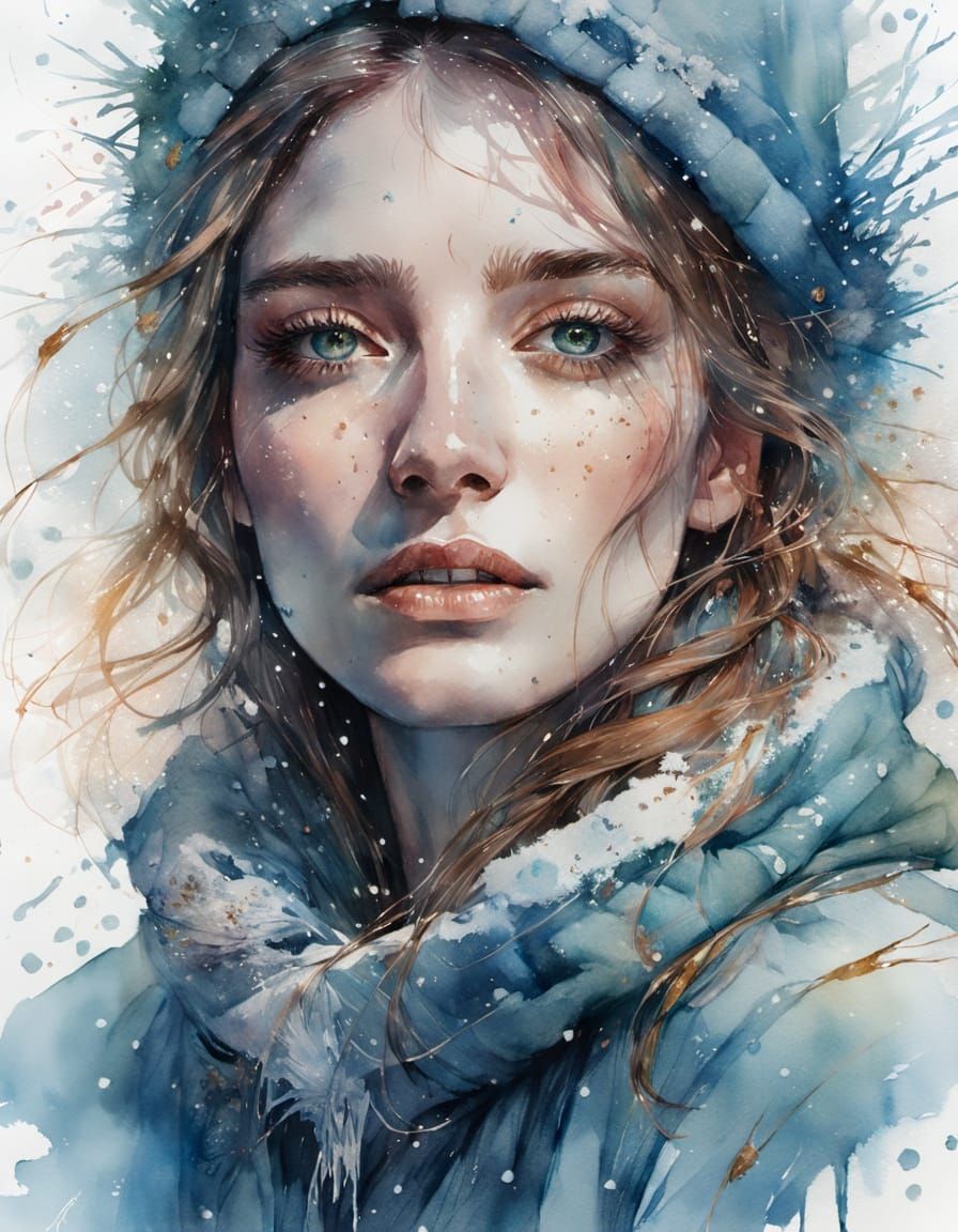 Woman Dancing in Snowfall, Watercolor Portrait