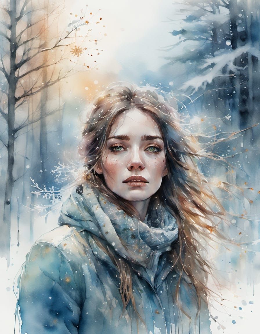 Woman in Snowfall: Watercolor Portrait