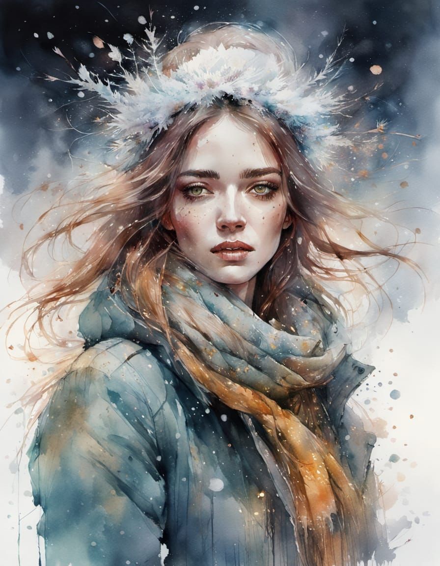 Young Woman in Snowfall, Watercolor Painting
