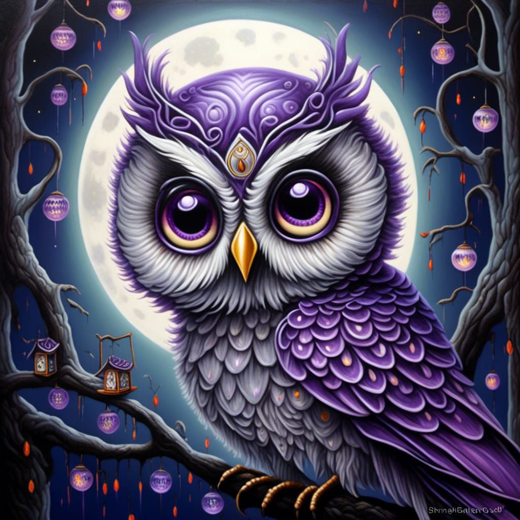 Purple Owl with Luminous Eyes in Pop Surrealism Style