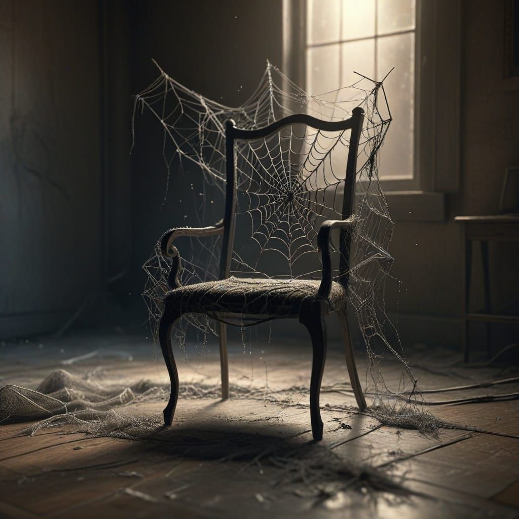 Eerie Spiderweb Chair in Dusty Room