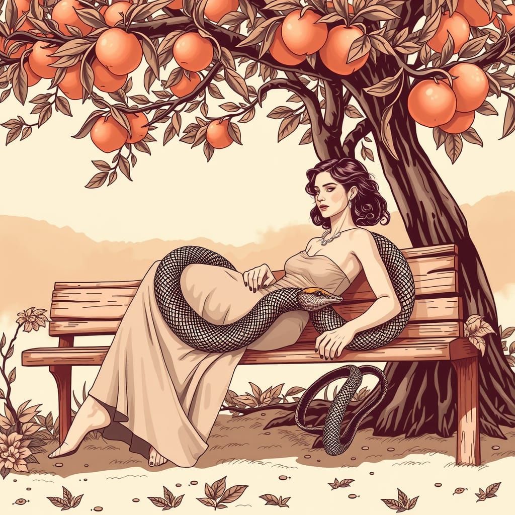 Woman and Snake in Woodcut Vector Style