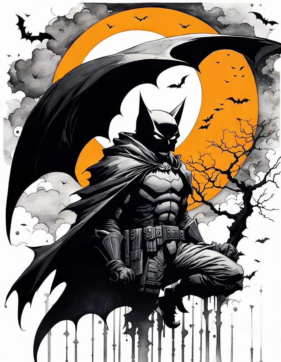 Ink Art: Bat and Pumpkin Under Moon