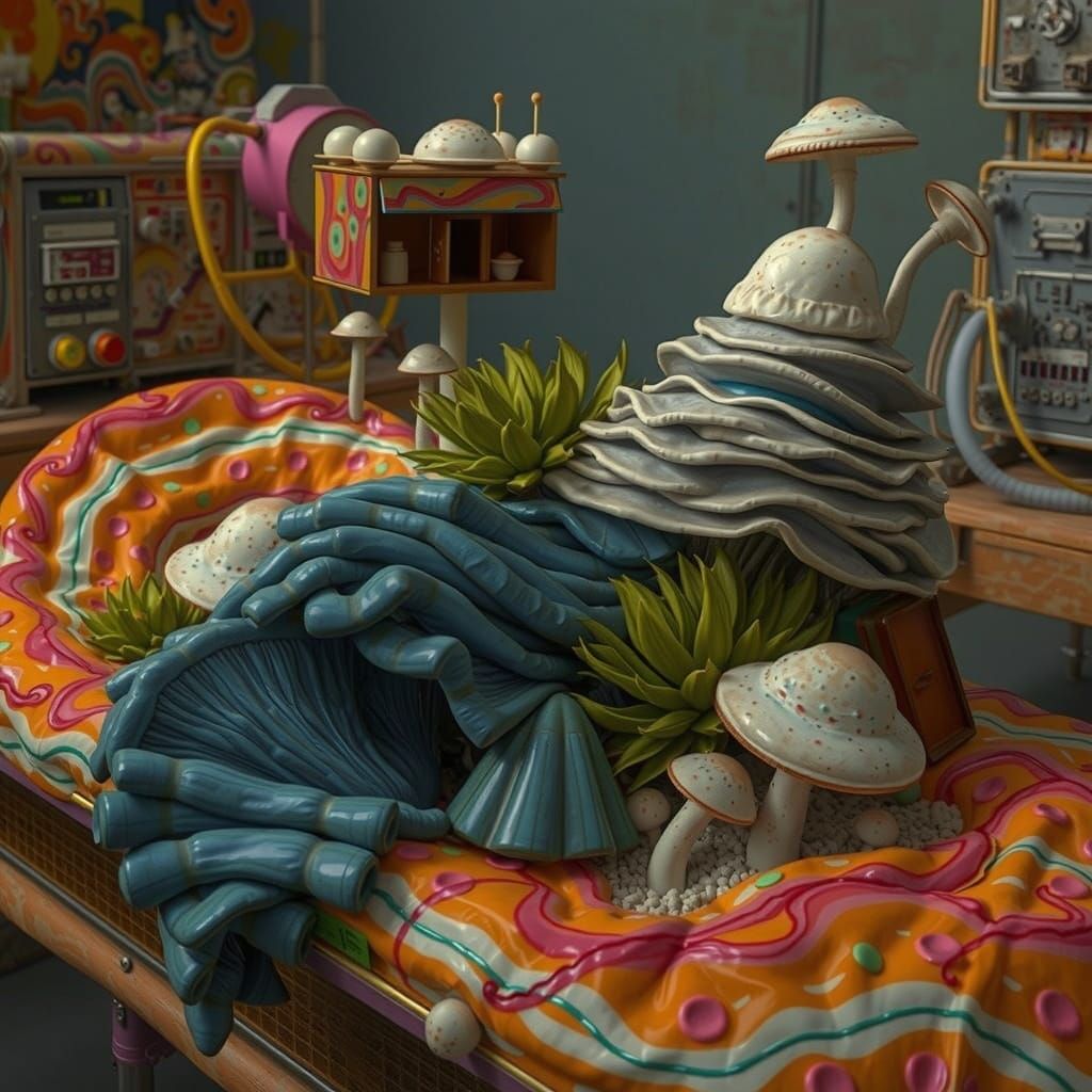 Dystopian Mushroom Sculpture in Cyberpunk Aesthetic