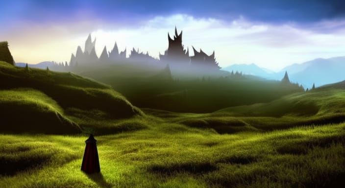 Cloaked man, "man in chains", "spiked chains"::2, standing in valley, "looking at horizon", "holy city in sky". Landscap...