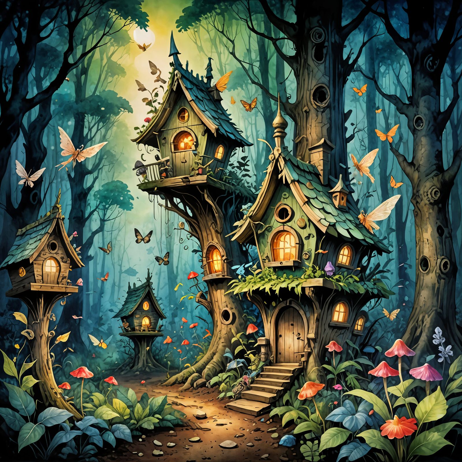 Fairies' Sinister Forest Society in Watercolor