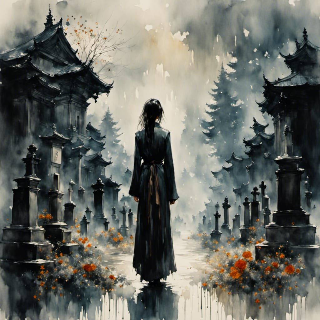 Yakuza Girl in Rainy Cemetery: Ethereal Beauty