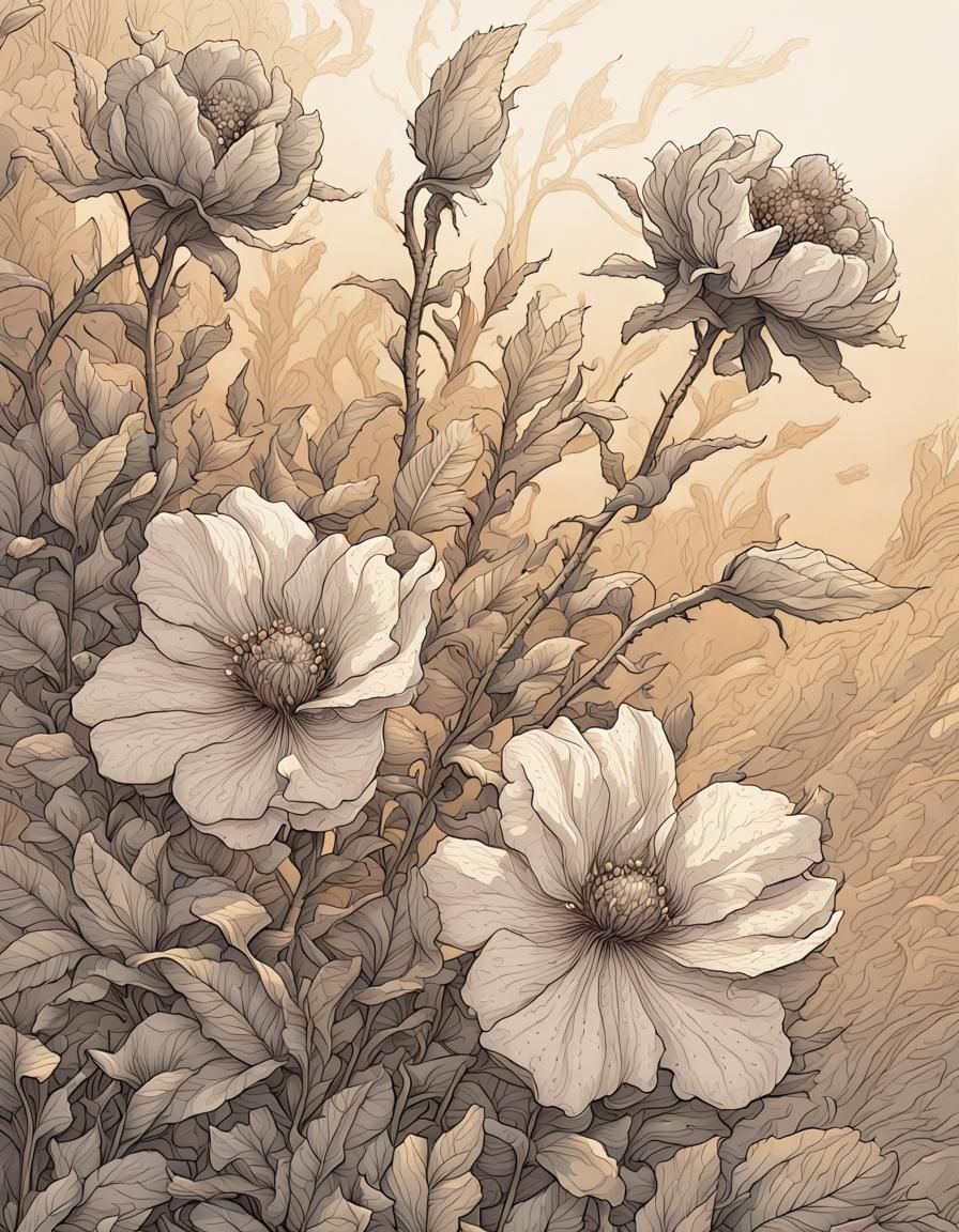 Detailed Ink Illustration of Botanical Flowers and Buds