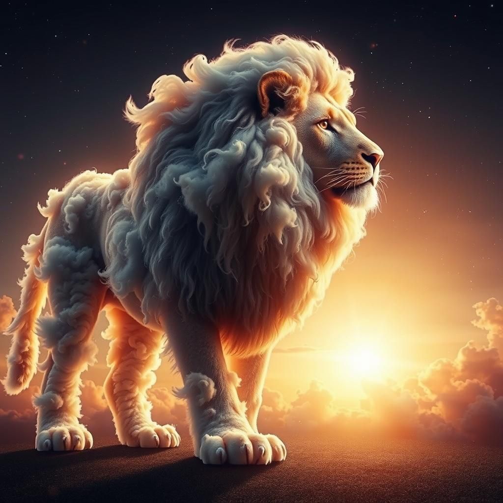 A majestic lion, made up of fluffy sunset clouds