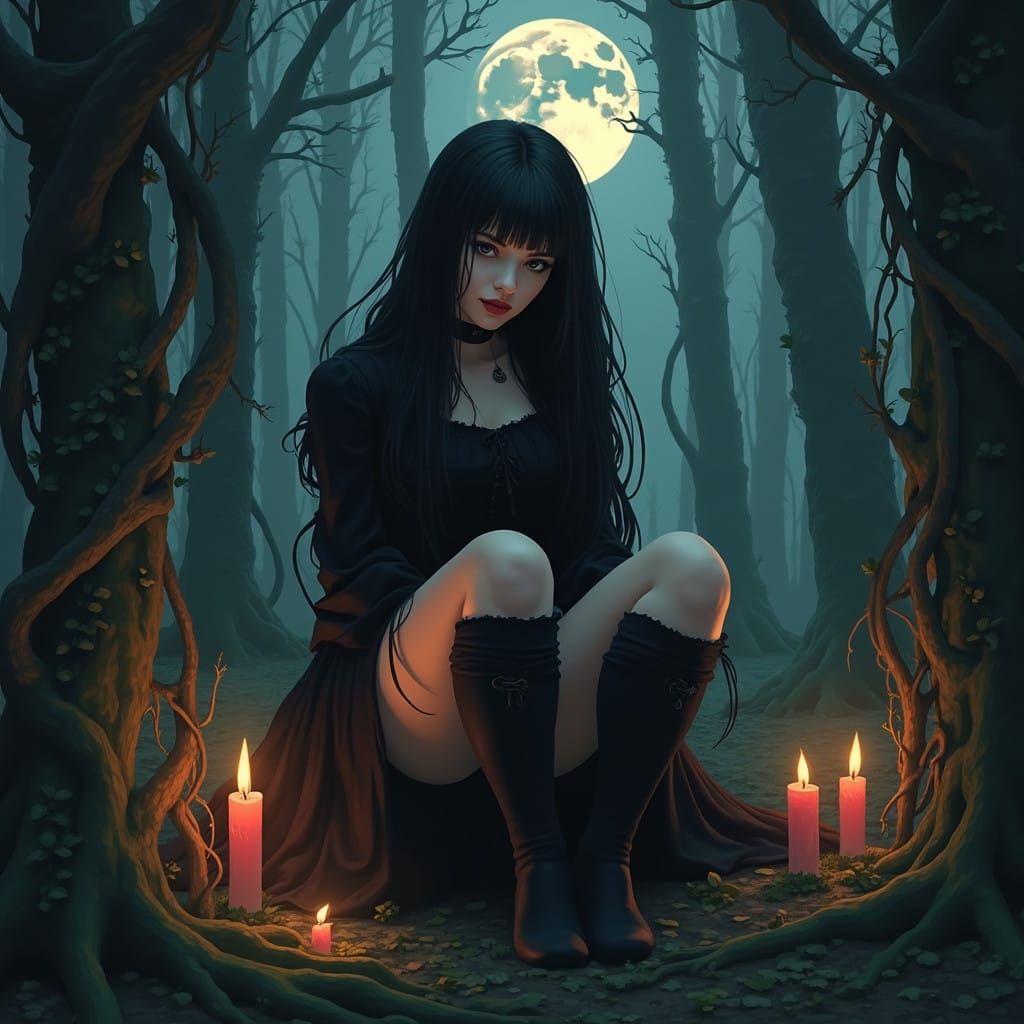 Thick Thighed Goth Goddess in Dark Surreal Forest Landscape