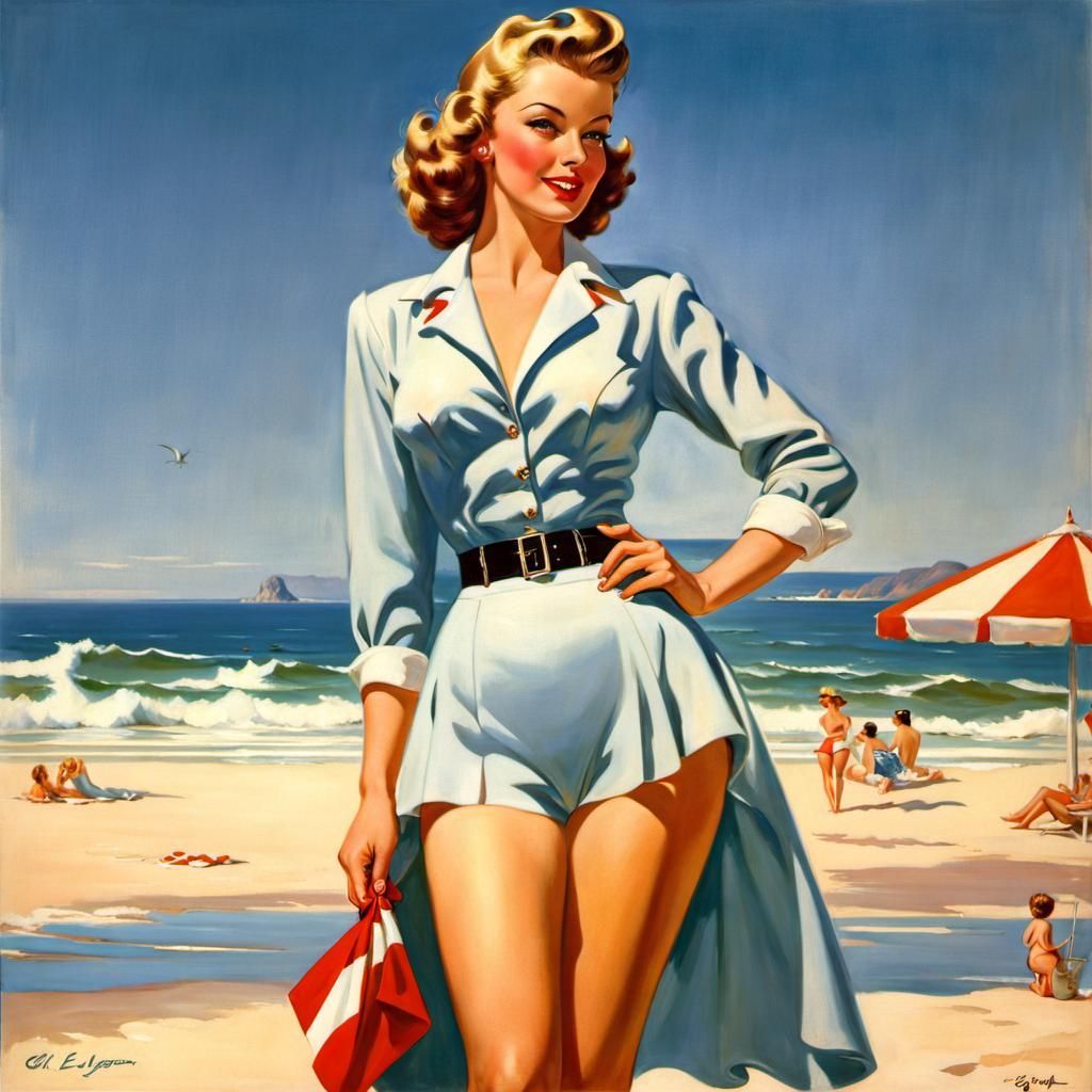 Pin-Up Portrait of Beautiful Woman on Beach
