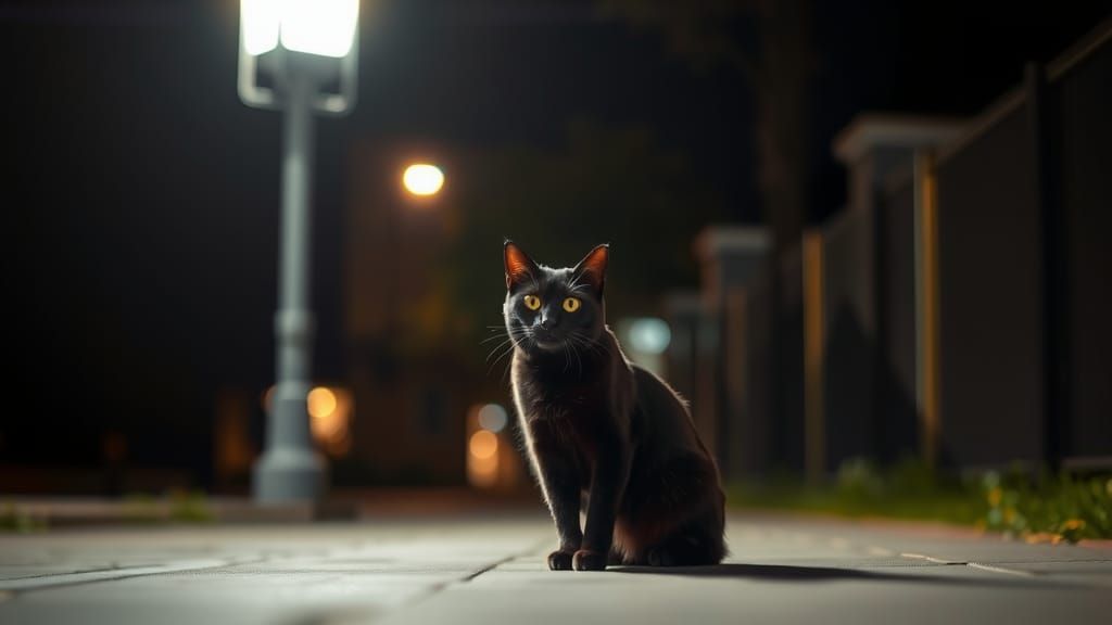 A Black Cat sitting under a street light