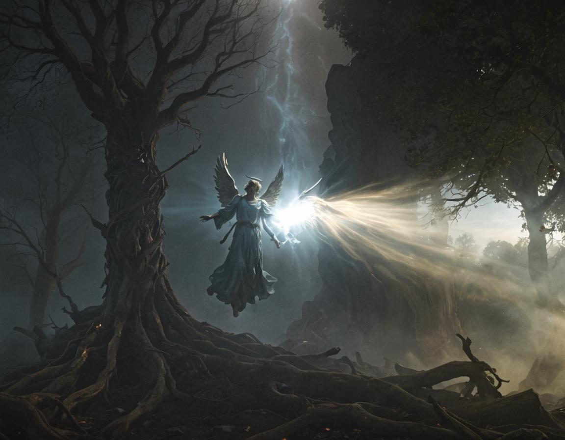 Angel Descends into Underworld: Dark Fantasy Art
