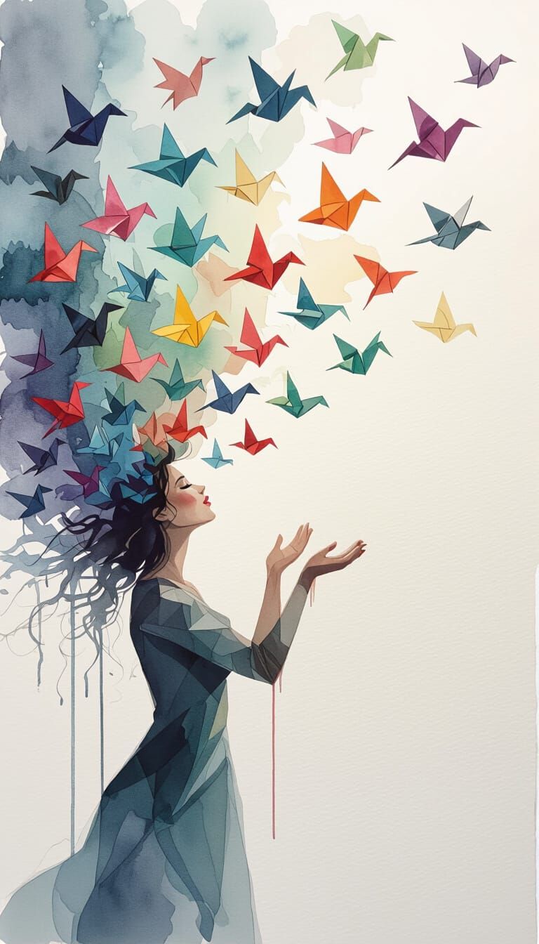 Watercolor Woman Transforms Into Origami Birds