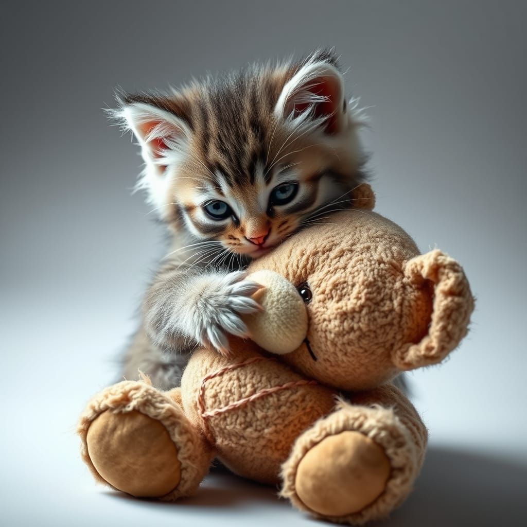 Kitten hugging a Teddy Bear