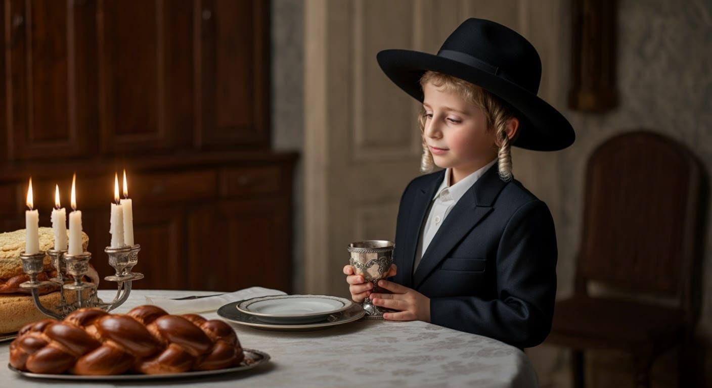 Young Hasidic Boy Recites Kiddush by Shabbat Table