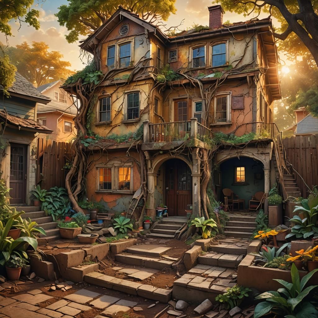 House Sunk into Earth: Hyperrealistic Splash Art