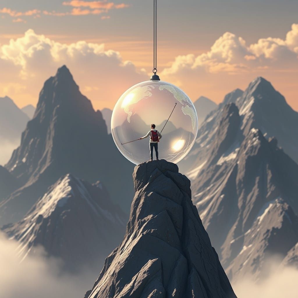 Man in Hot Air Balloon Over Snowy Mountains