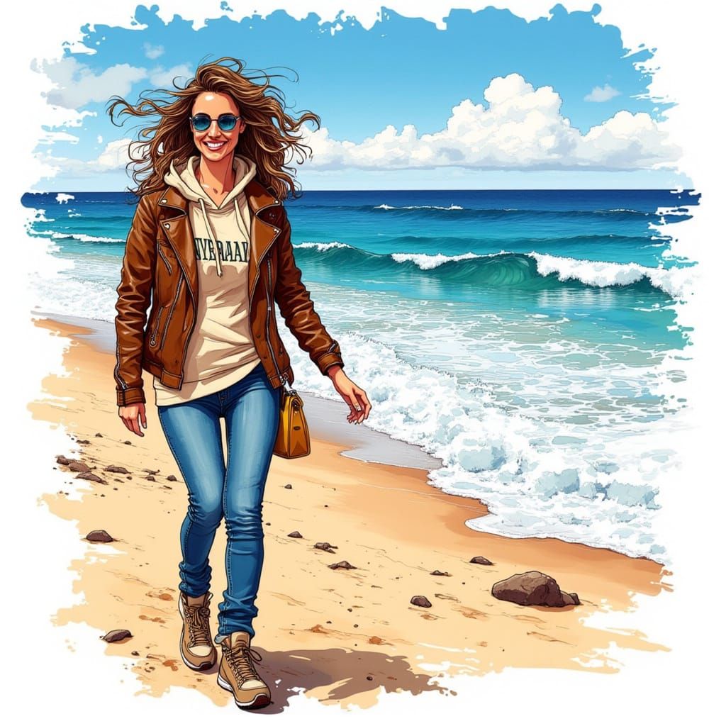 Woman Walking on Mallorca Beach in Vibrant Ink Style