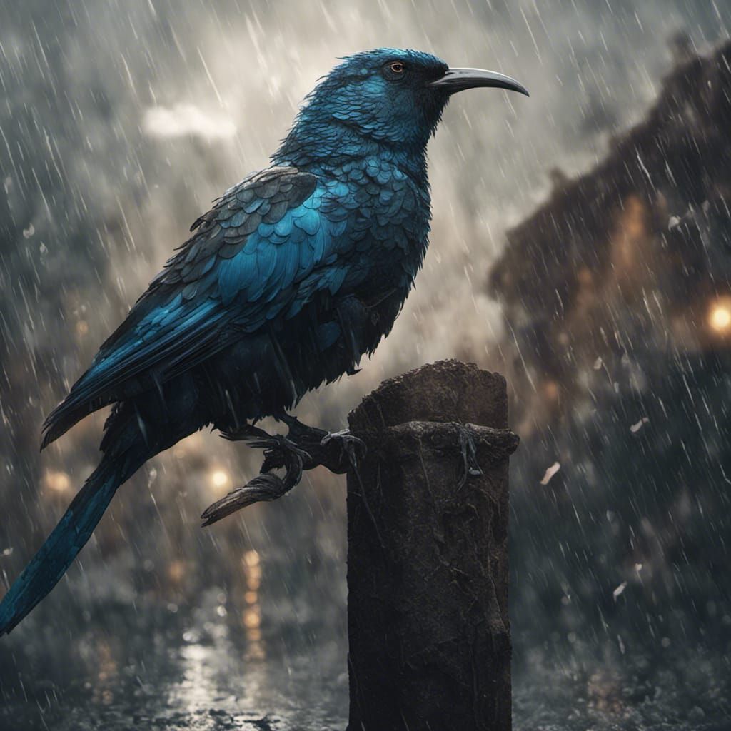 Tui Bird in Rainstorm: Detailed Matte Painting