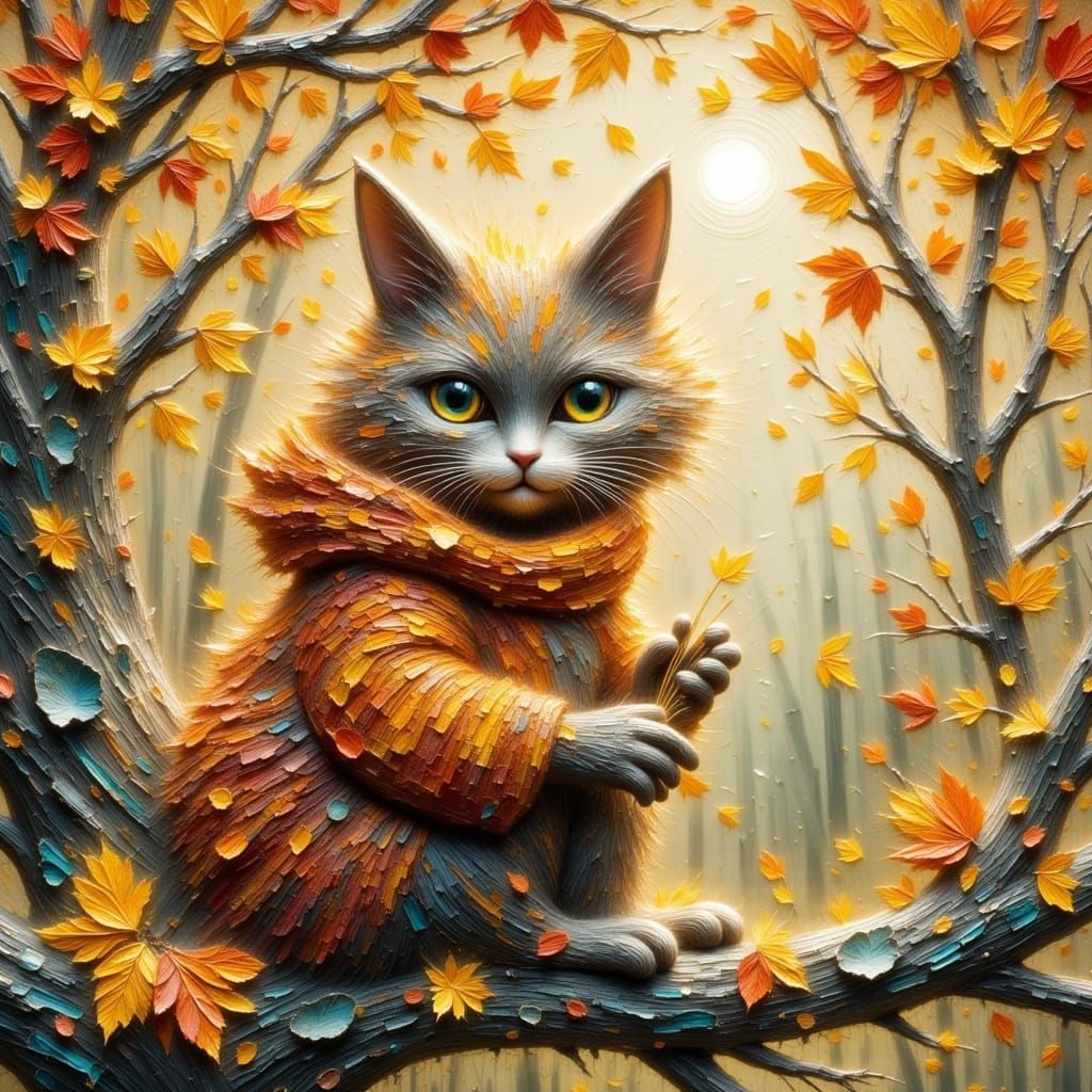 Kitten on Branch as Impasto Painting