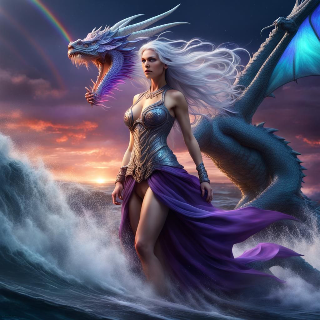 Woman and Dragon Ascending in a Storm, Digital Art