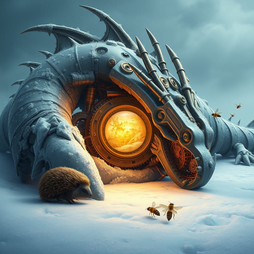 Clockwork Steampunk Dragon Frozen in Snowy Landscape